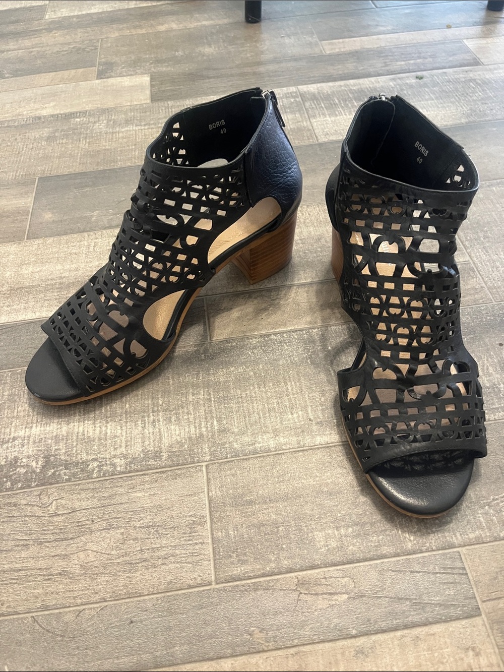 Black Laser-Cut Block Heel Sandals Size 40 (8.5 US)
